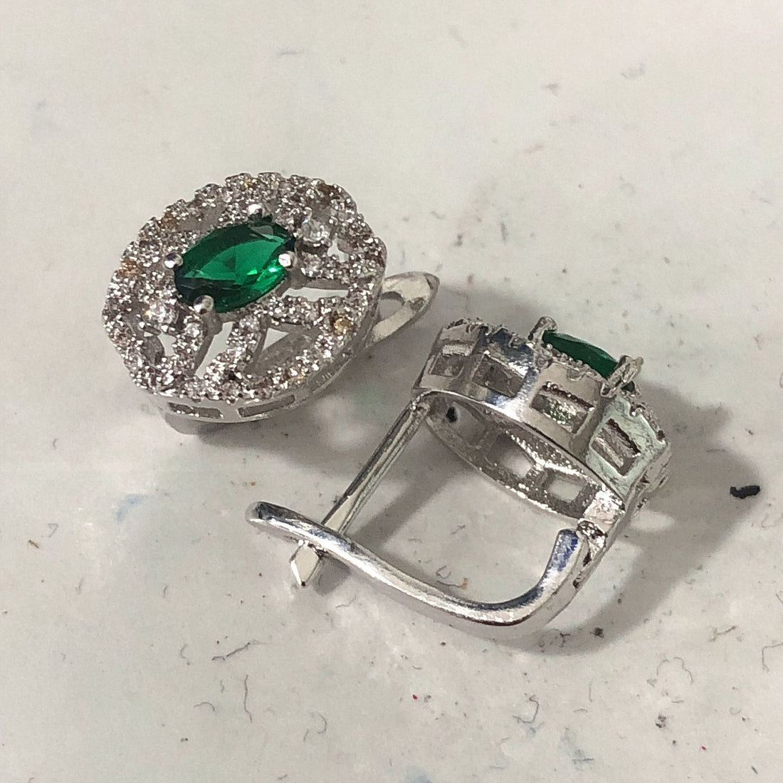 Emerald-Green Oval CZ Round Halo Leverback Earrings