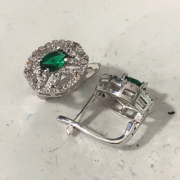Emerald-Green Oval CZ Round Halo Leverback Earrings