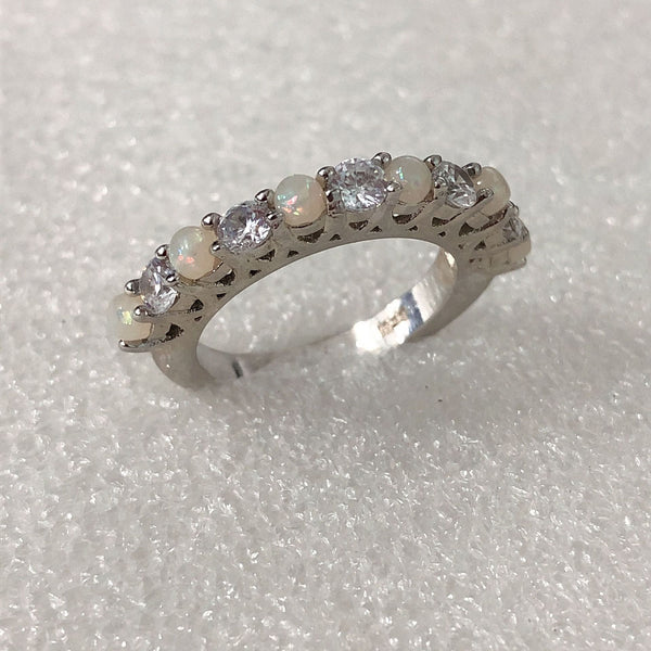 Opal-Look and CZ Alternating Half Eternity Ring