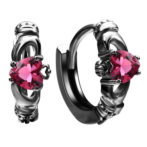 Pink Heart CZ Claddagh Hands Huggie Earrings