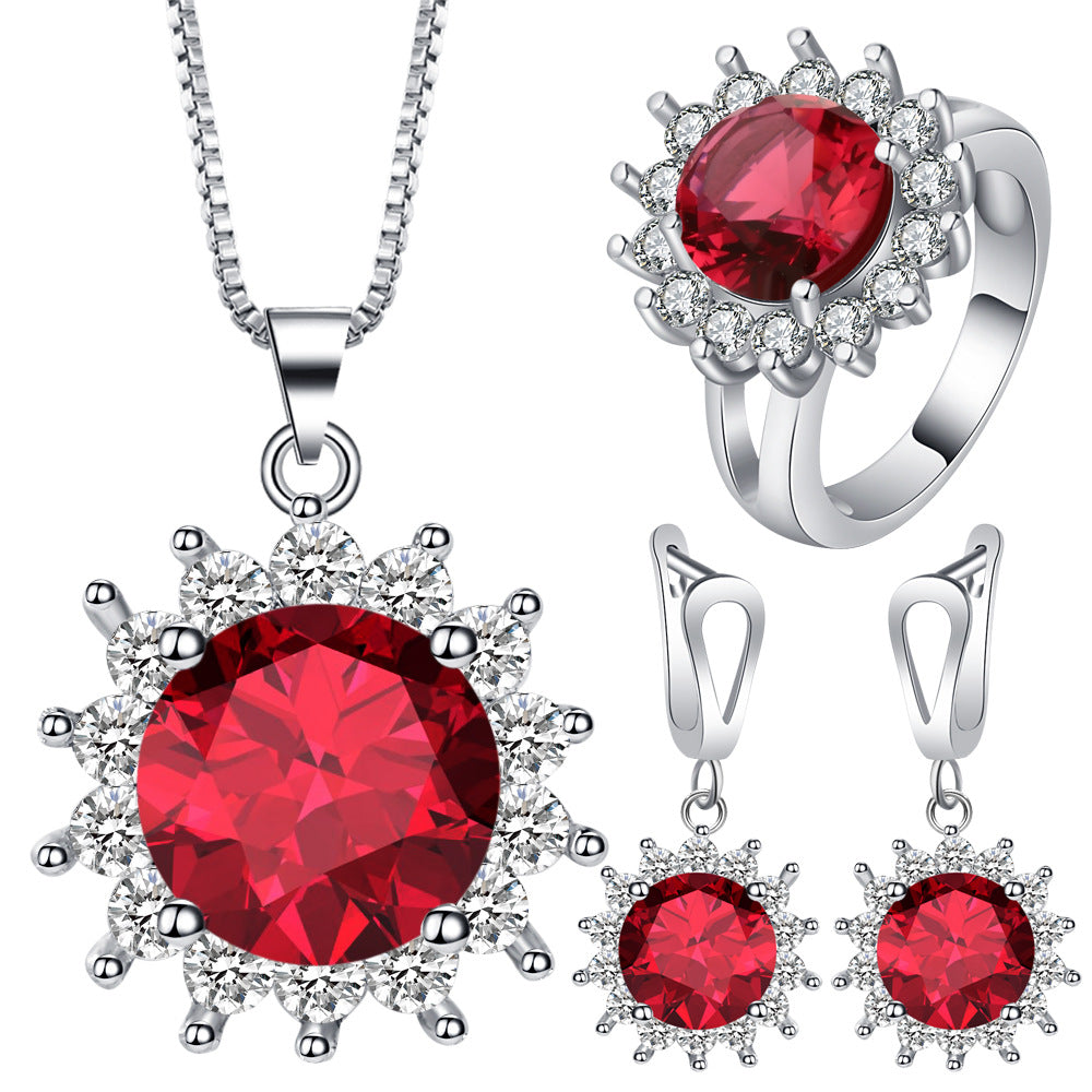 Ruby-Red Sunburst Halo Jewelry Set