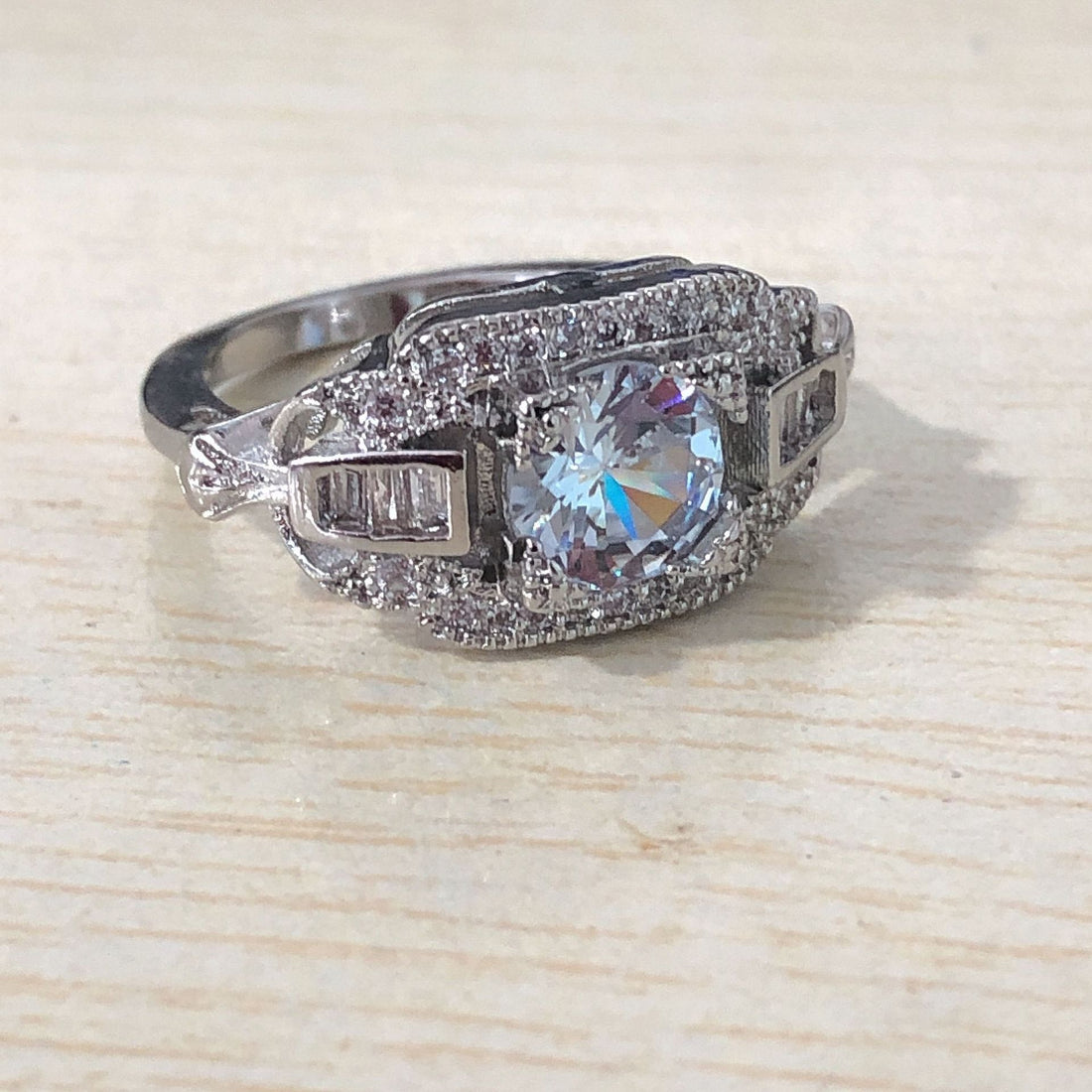 Round CZ Baguette Vintage Halo Ring