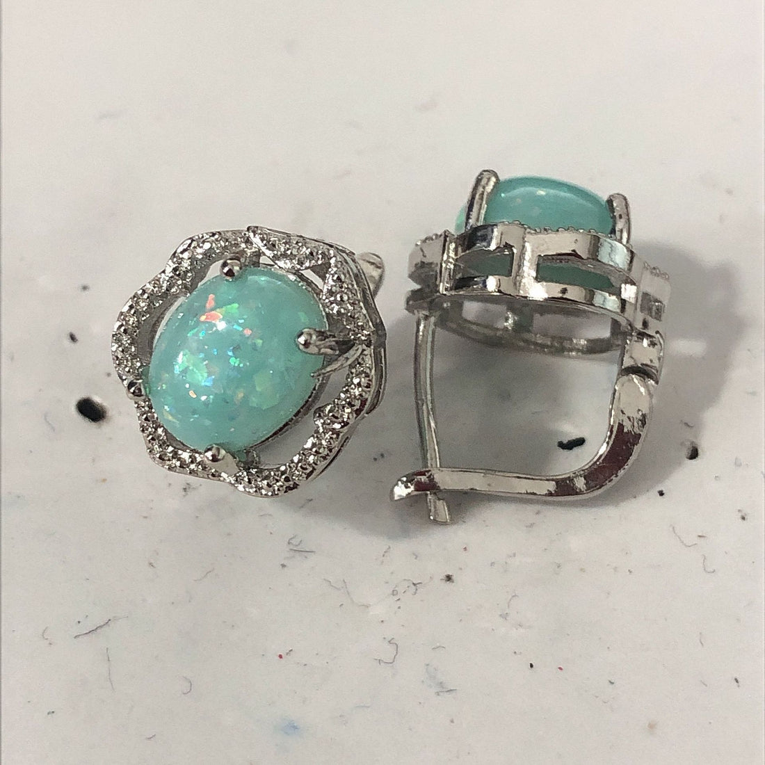 Mint Opal-Look Oval Pavé Frame Leverback Earrings