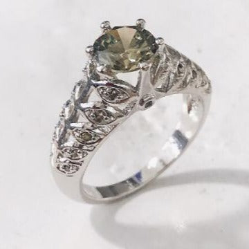 Olive Round CZ Leaf Filigree Ring