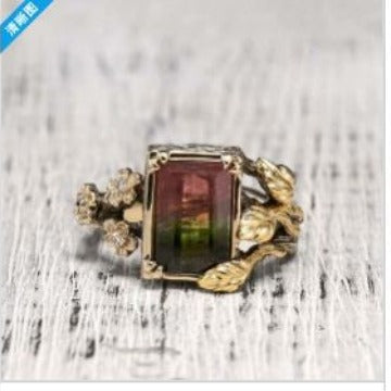 Watermelon Pink-Green Emerald-Cut CZ Branch Ring