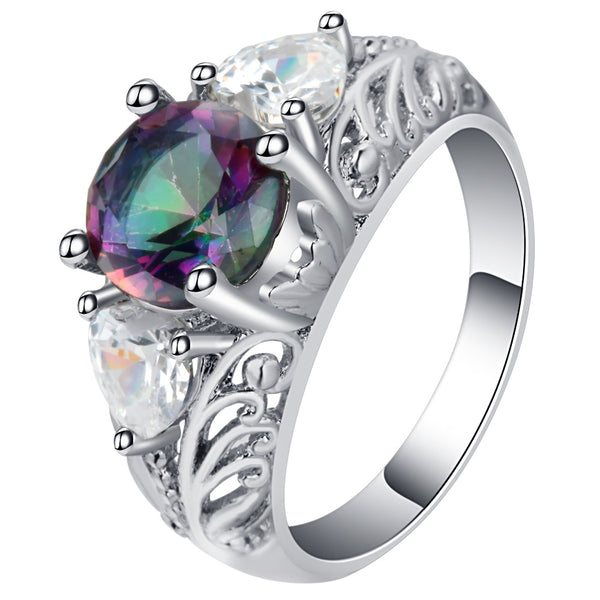 Rainbow Mystic CZ Three-Stone Filigree Ring